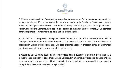 Gobierno rechazó orden de captura de la Fiscalía de Guatemala contra el exministro Iván Velásquez y la fiscal Luz Adriana Camargo