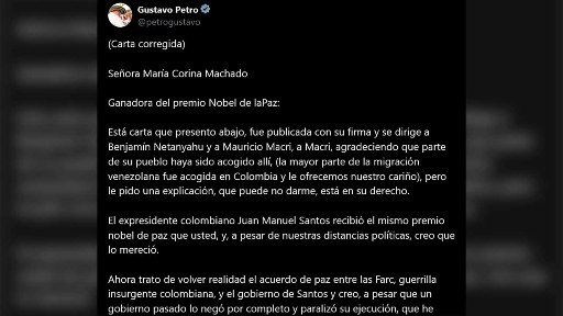 Presidente Gustavo Petro propone a Nobel de Paz María Corina Machado apoyar acuerdo para garantizar la soberanía nacional de los países del Caribe