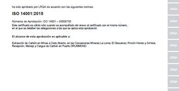Drummond Ltd. obtiene recertificación ambiental ISO 14001:2015 para sus operaciones mineras y portuarias para el periodo 2026-2029