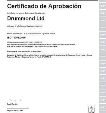 Drummond Ltd. obtiene recertificación ambiental ISO 14001:2015 para sus operaciones mineras y portuarias para el periodo 2026-2029